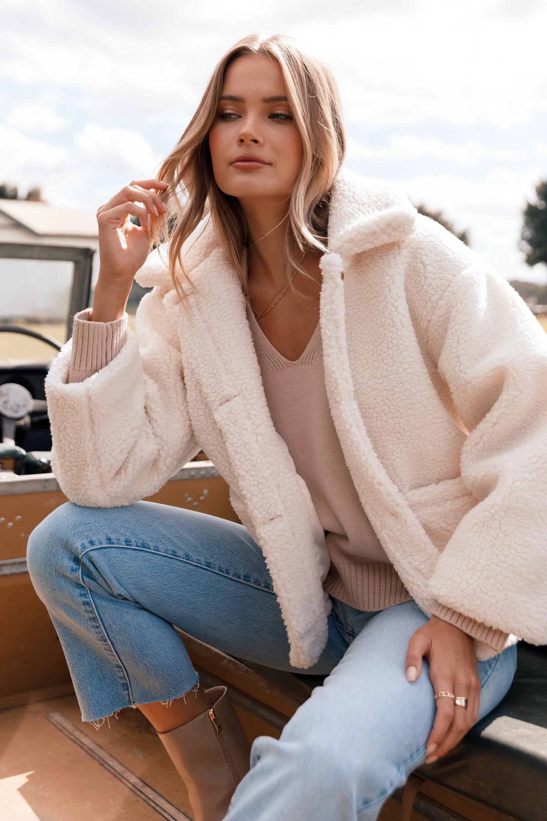 Phoenix Button Front Teddy Jacket - Cream sold by Petal & Pup