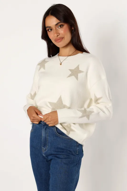 Rosalina Crewneck Shimmer Star Knit Sweater - Cream sold by Petal & Pup