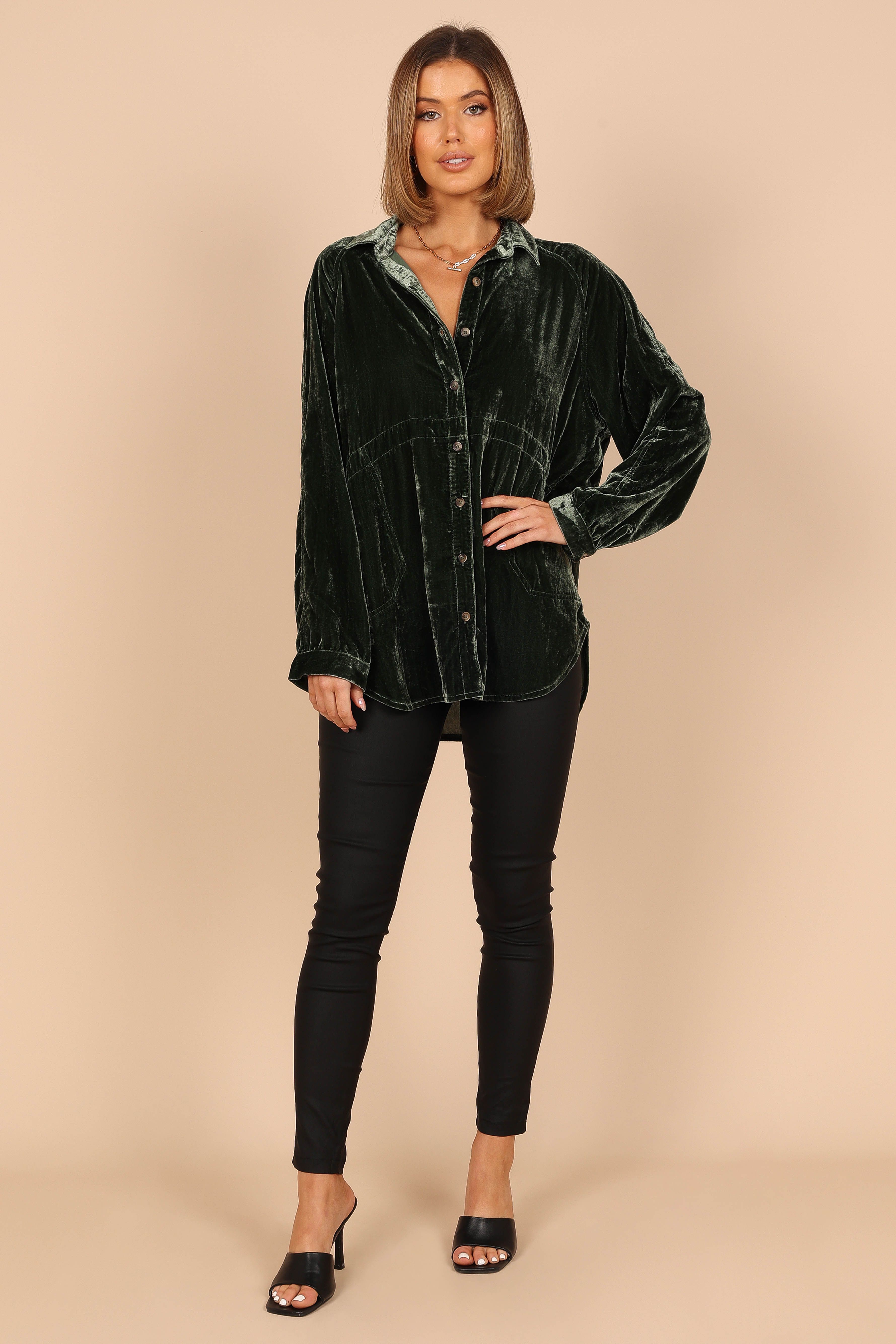 Chelsea Velvet Oversized Button Down Top - Olive sold by Petal & Pup product image thumbnail 4