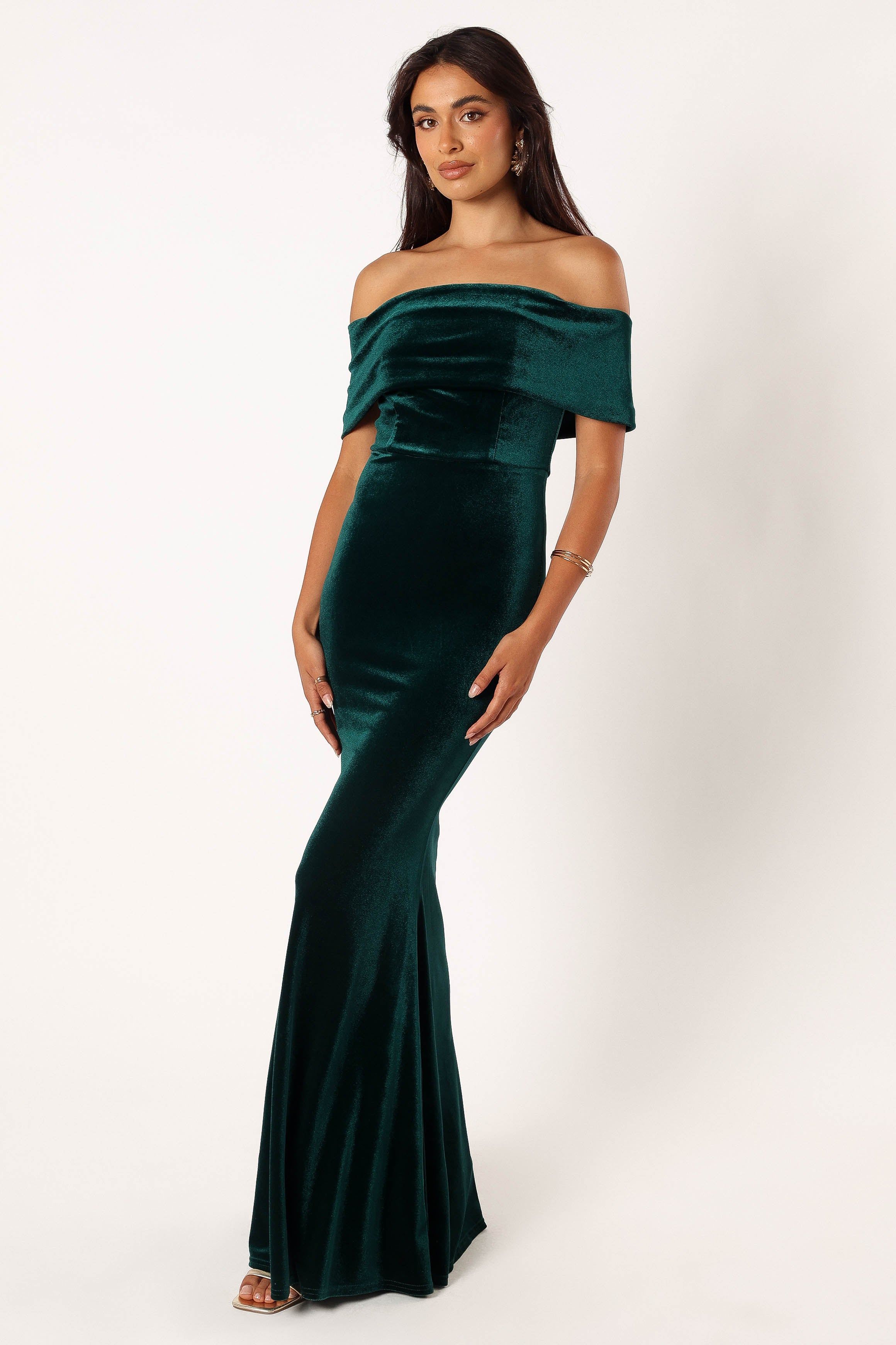Adair Off Shoulder Maxi Dress - Emerald Green sold by Petal & Pup