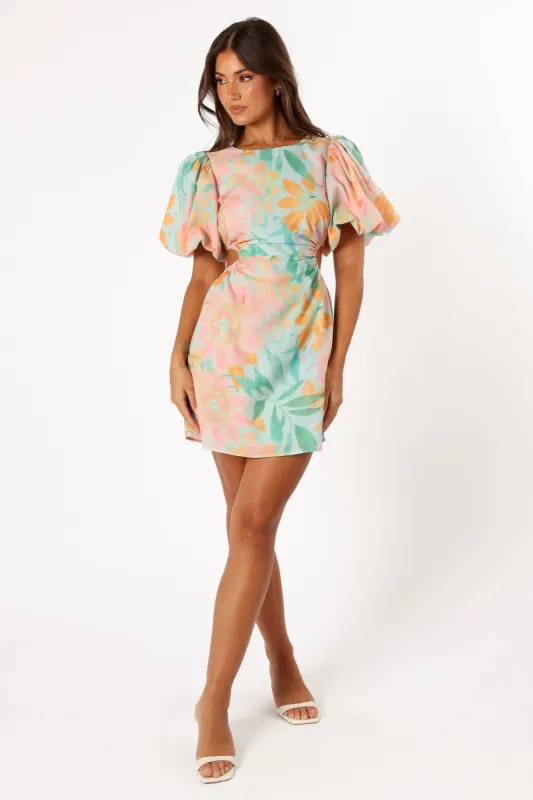 Natalie Puff Sleeve Mini Dress - Coral Print sold by Petal & Pup
