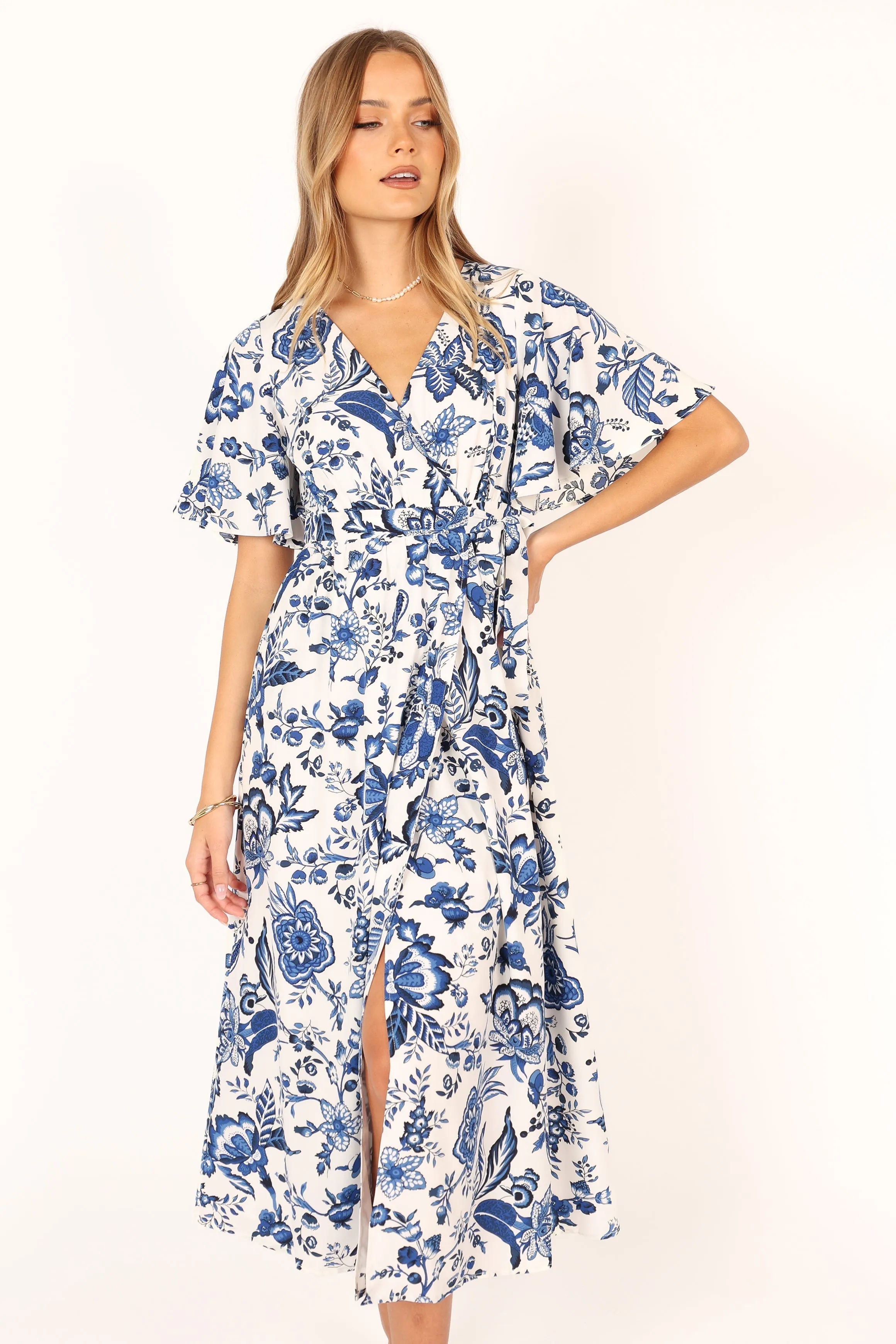 Kaleen Midi Wrap Dress - White Blue sold by Petal & Pup