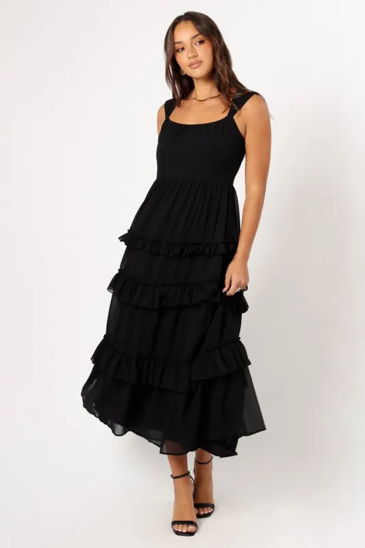 Marli Ruffle Midi Dress - Black sold by Petal & Pup