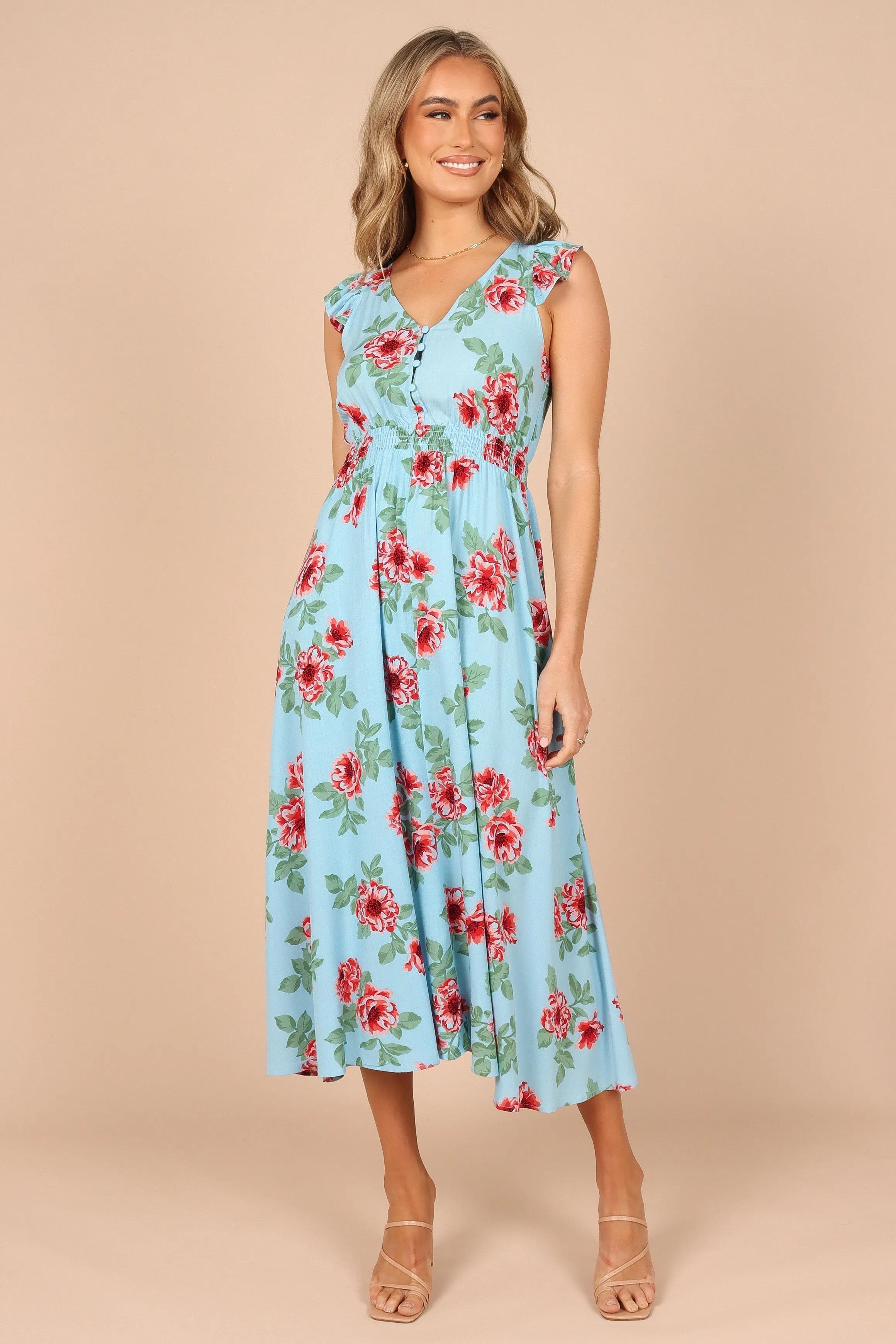 Cassatt Frill Cap Sleeve Midi Dress - Blue Floral sold by Petal & Pup product image thumbnail 3