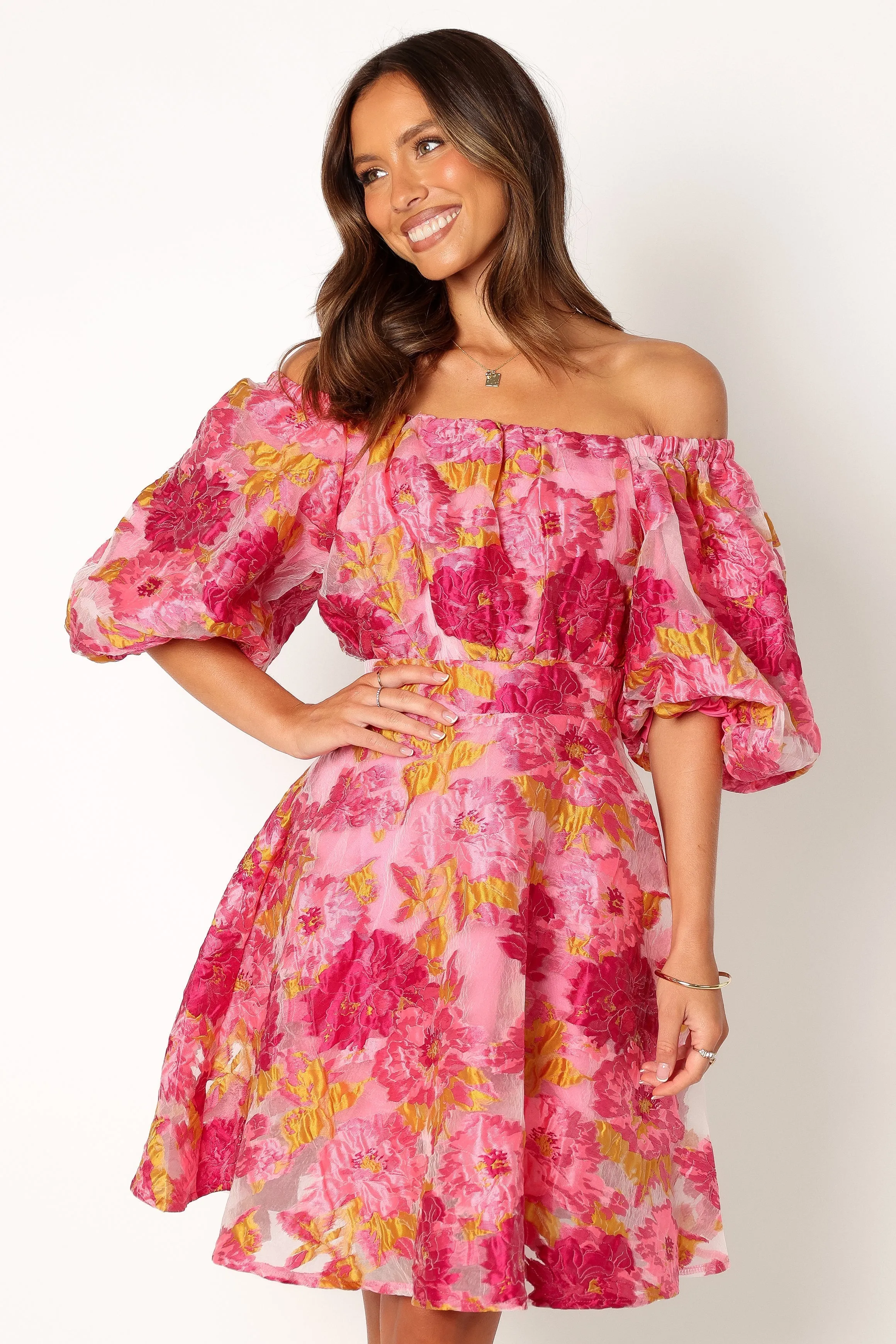Faye Off Shoulder Mini Dress - Pink Floral sold by Petal & Pup