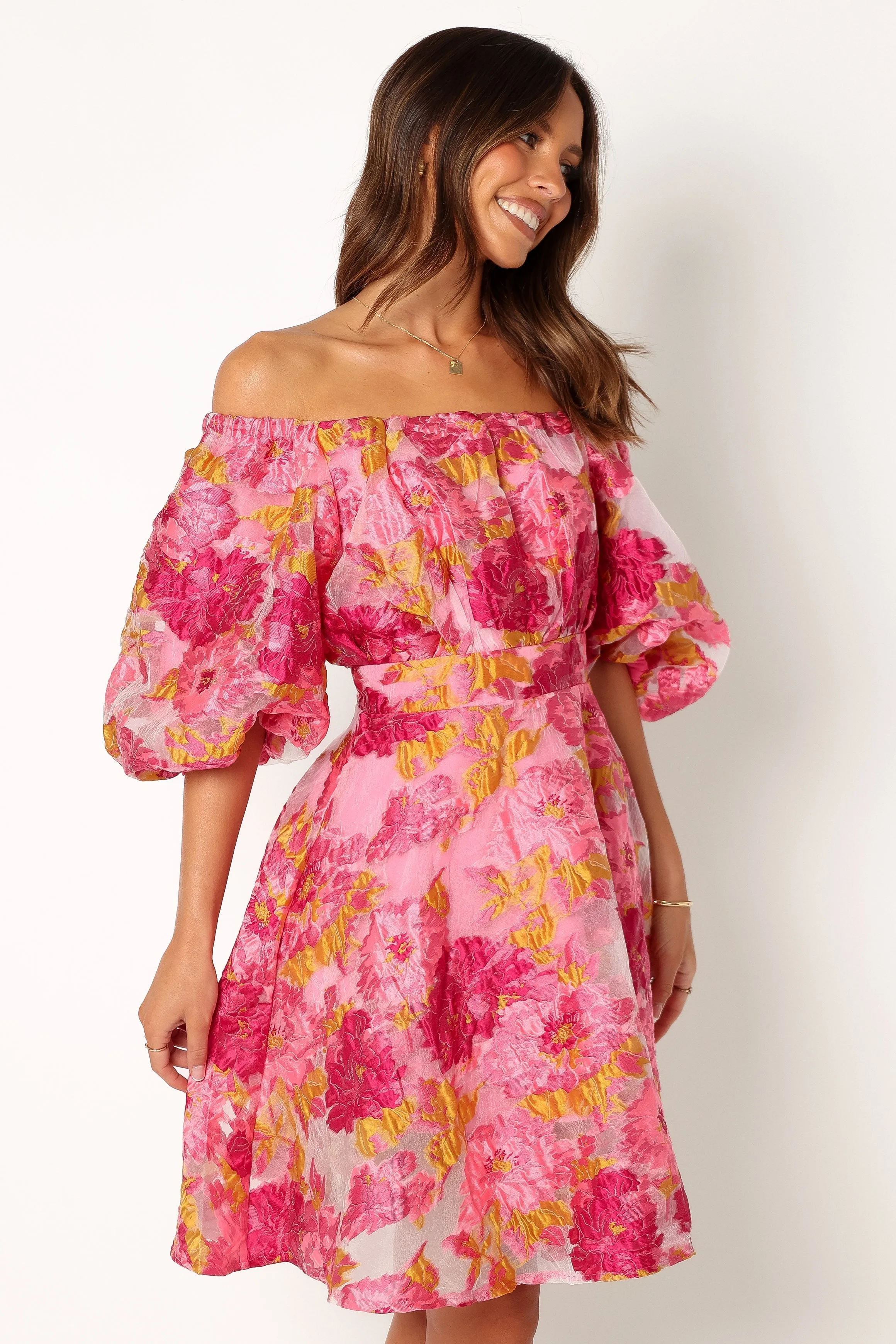 Faye Off Shoulder Mini Dress - Pink Floral sold by Petal & Pup product image thumbnail 3