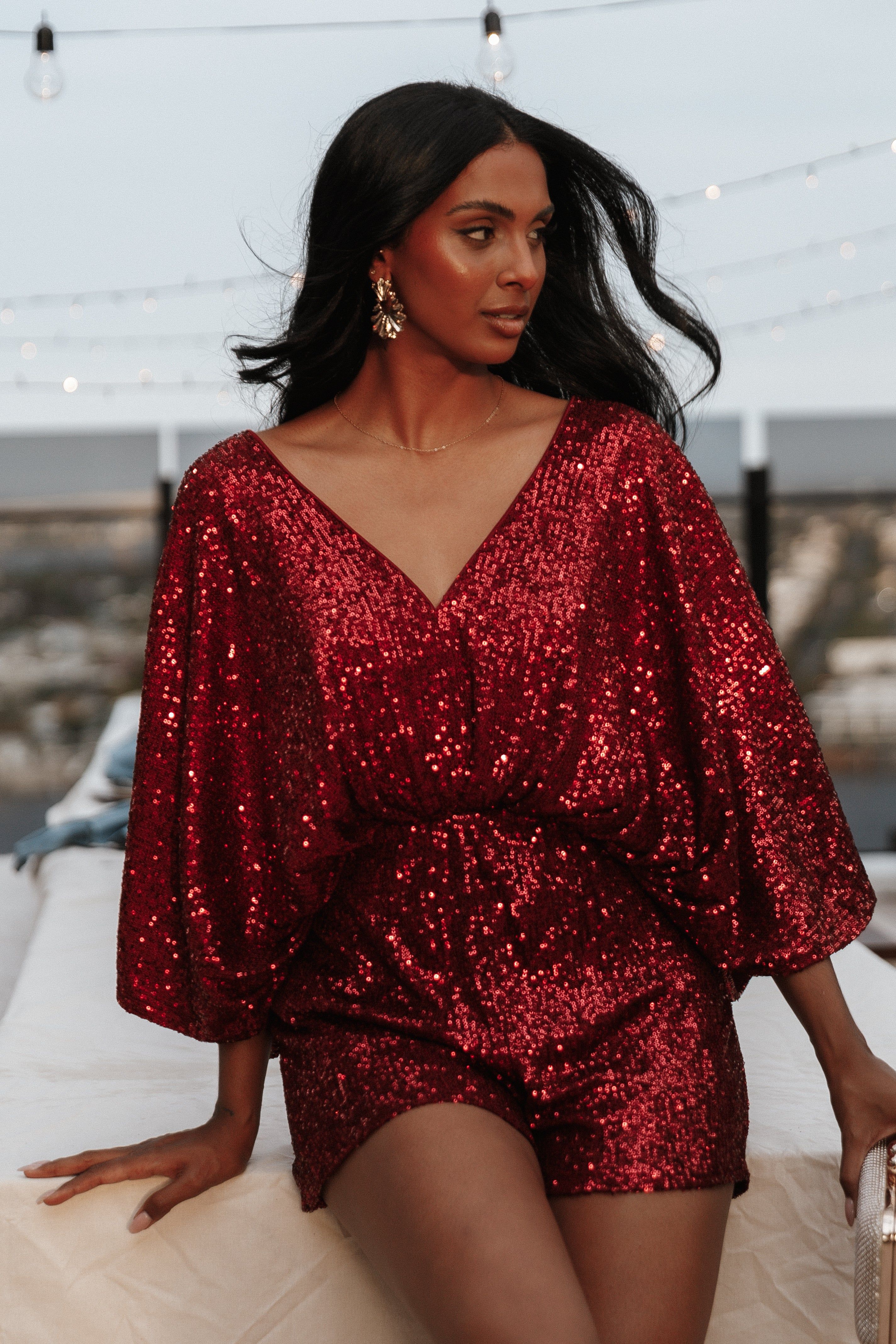 Kimono Sleeve Sequin Romper - Burgundy sold by Petal & Pup