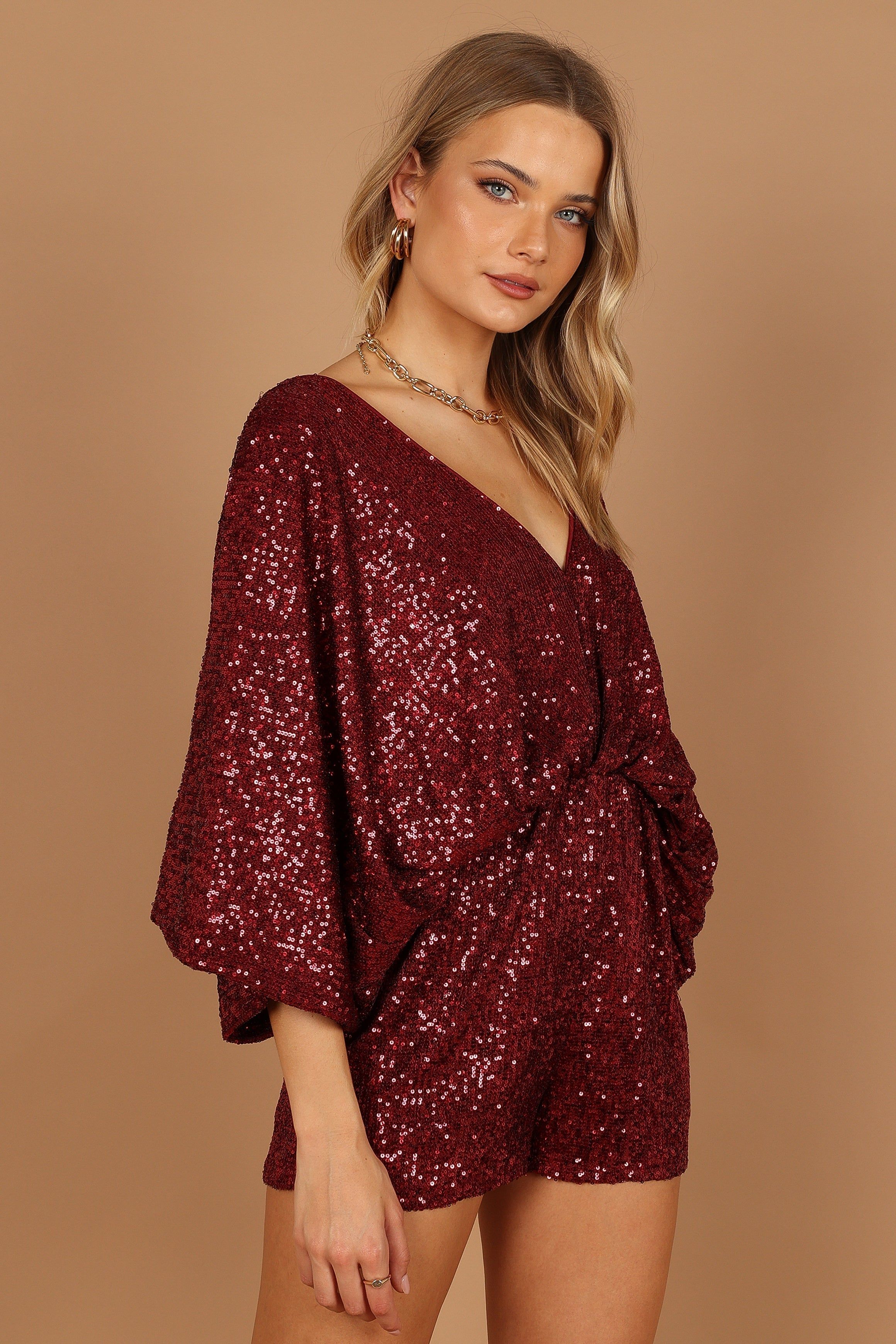 Kimono Sleeve Sequin Romper - Burgundy sold by Petal & Pup product image thumbnail 8