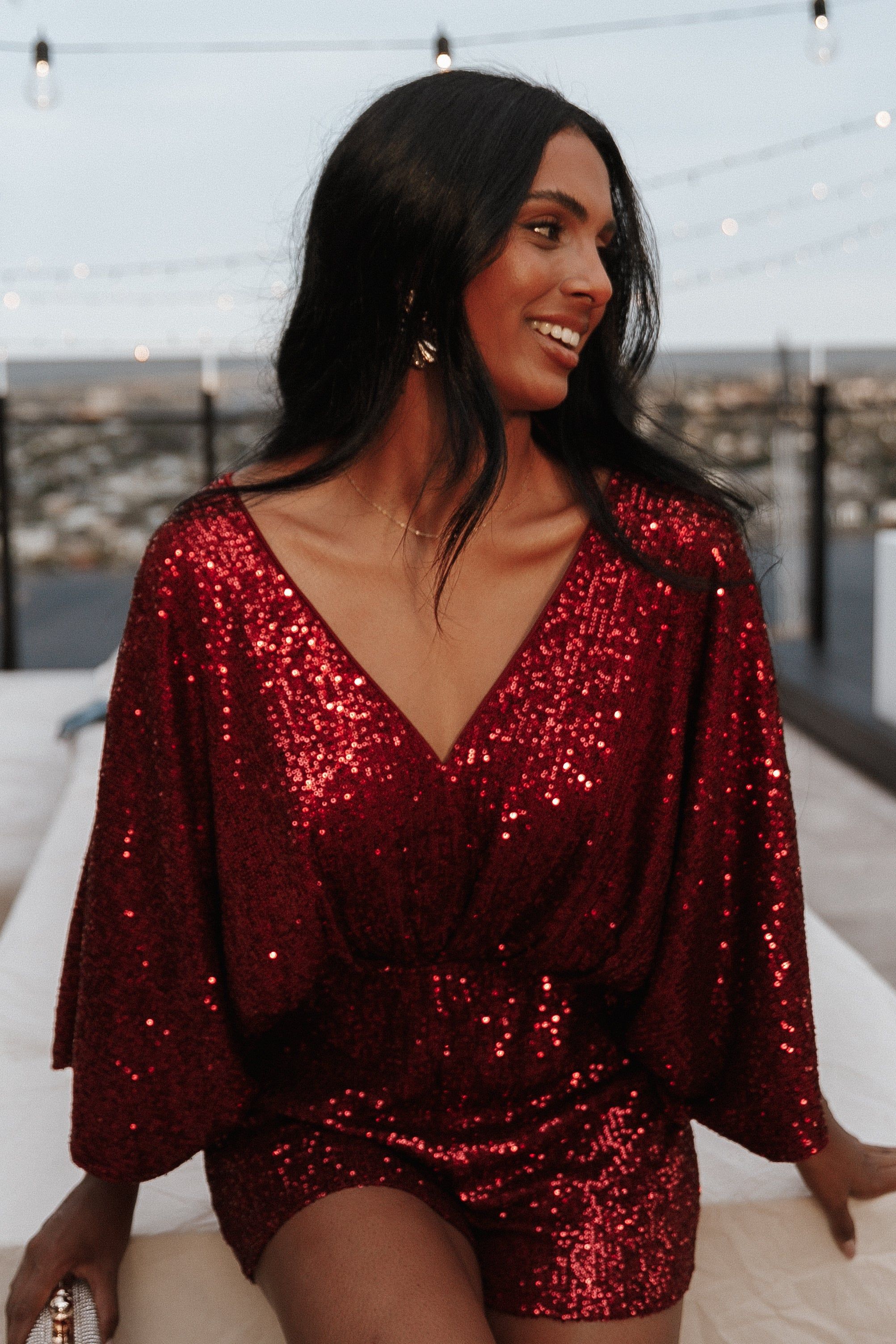 Kimono Sleeve Sequin Romper - Burgundy sold by Petal & Pup product image thumbnail 4