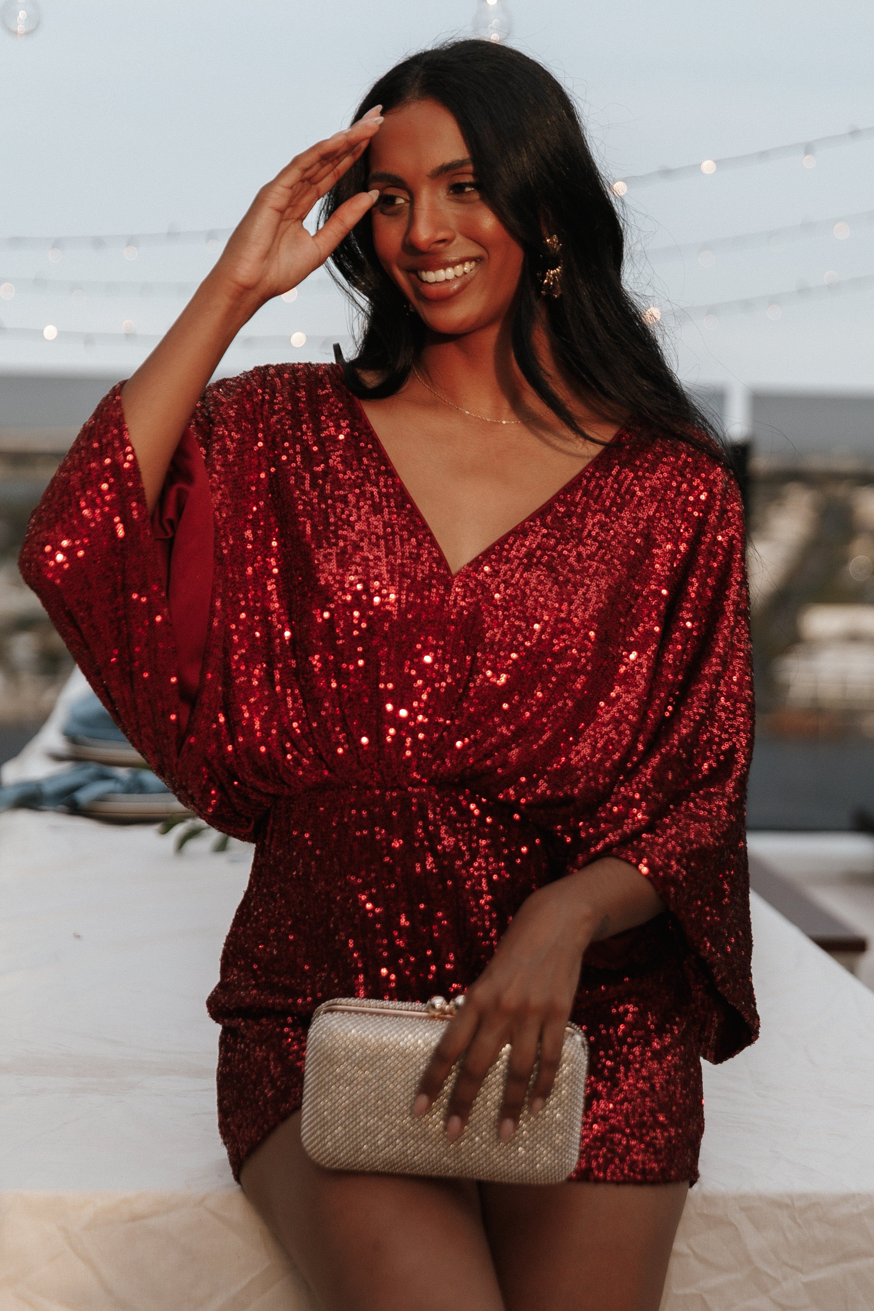 Kimono Sleeve Sequin Romper - Burgundy sold by Petal & Pup product image thumbnail 2