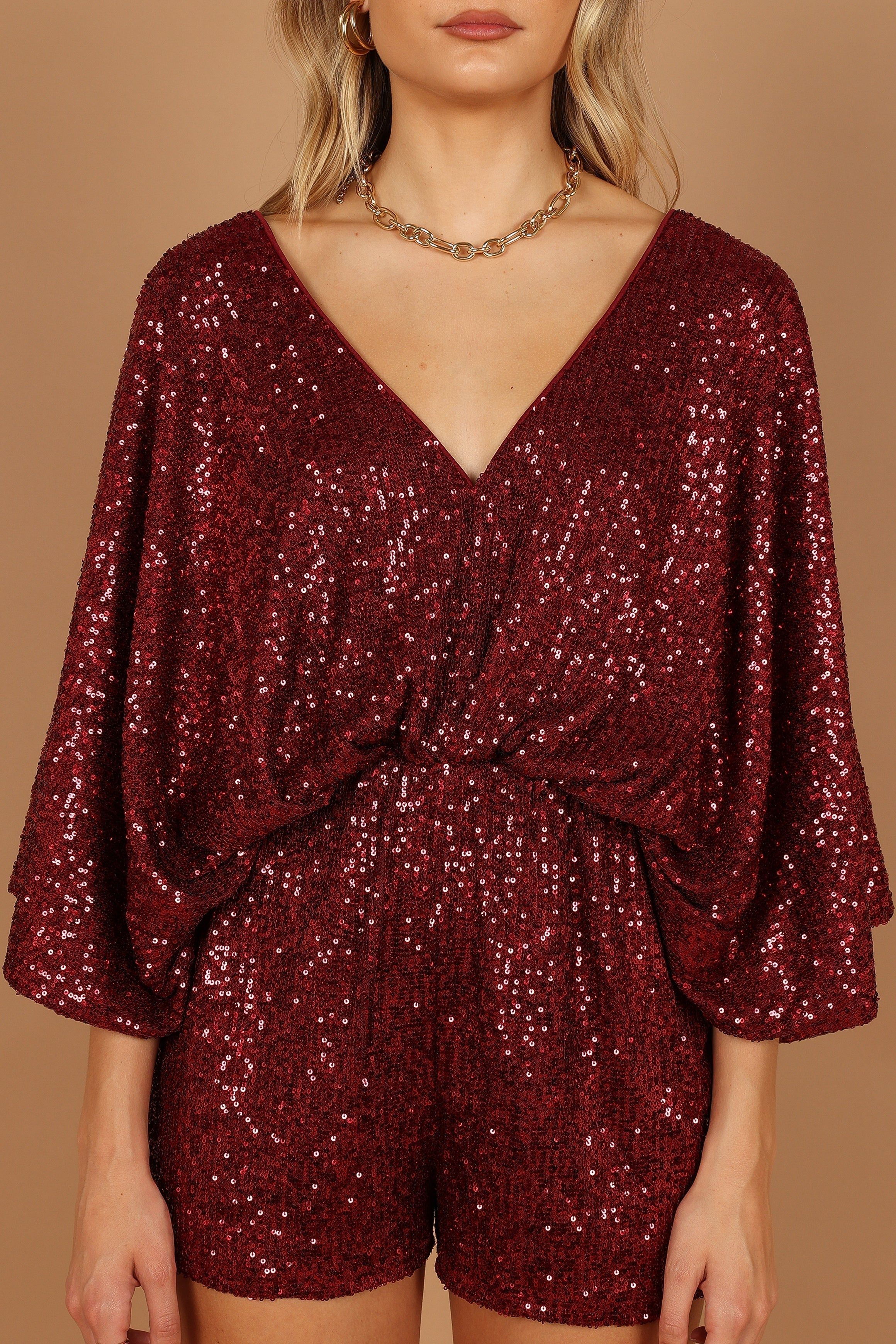 Kimono Sleeve Sequin Romper - Burgundy sold by Petal & Pup product image thumbnail 10