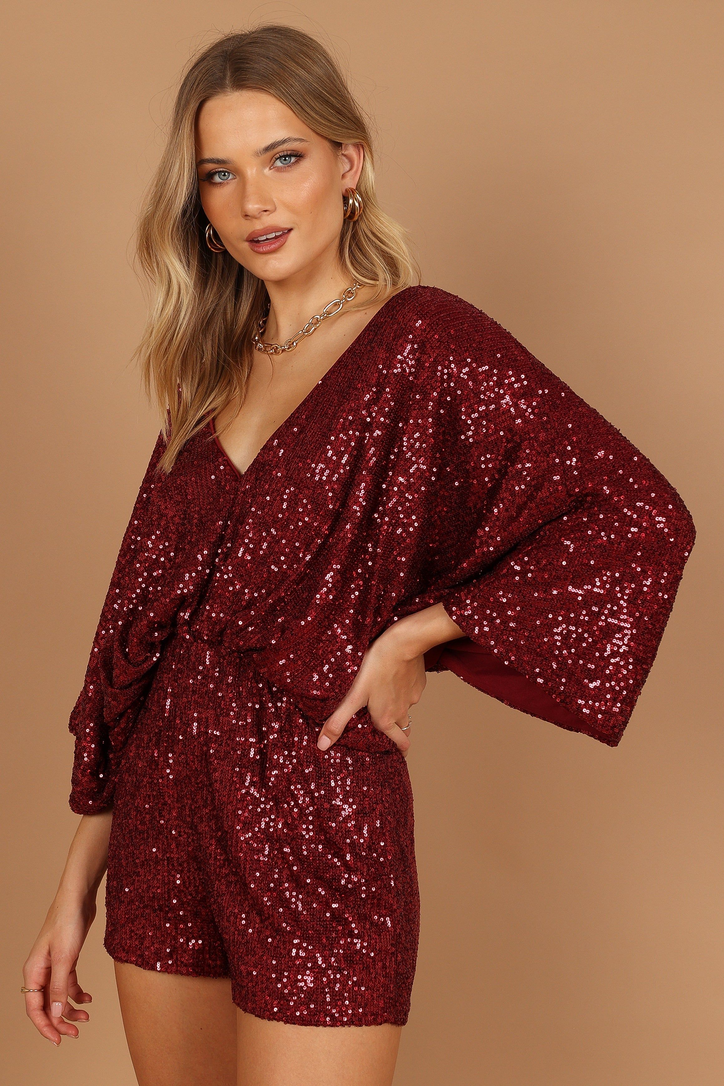 Kimono Sleeve Sequin Romper - Burgundy sold by Petal & Pup product image thumbnail 5