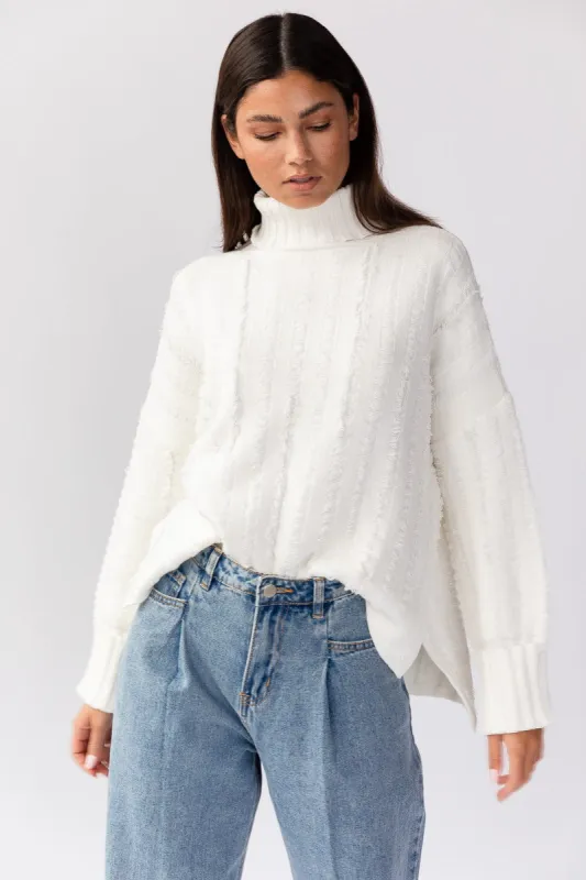 Dana Turtleneck Fringe Knit Sweater - White sold by Petal & Pup