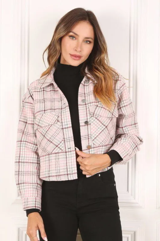 Anna Double Pocket Plaid Crop Jacket - Pink Plaid made by Petal & Pup