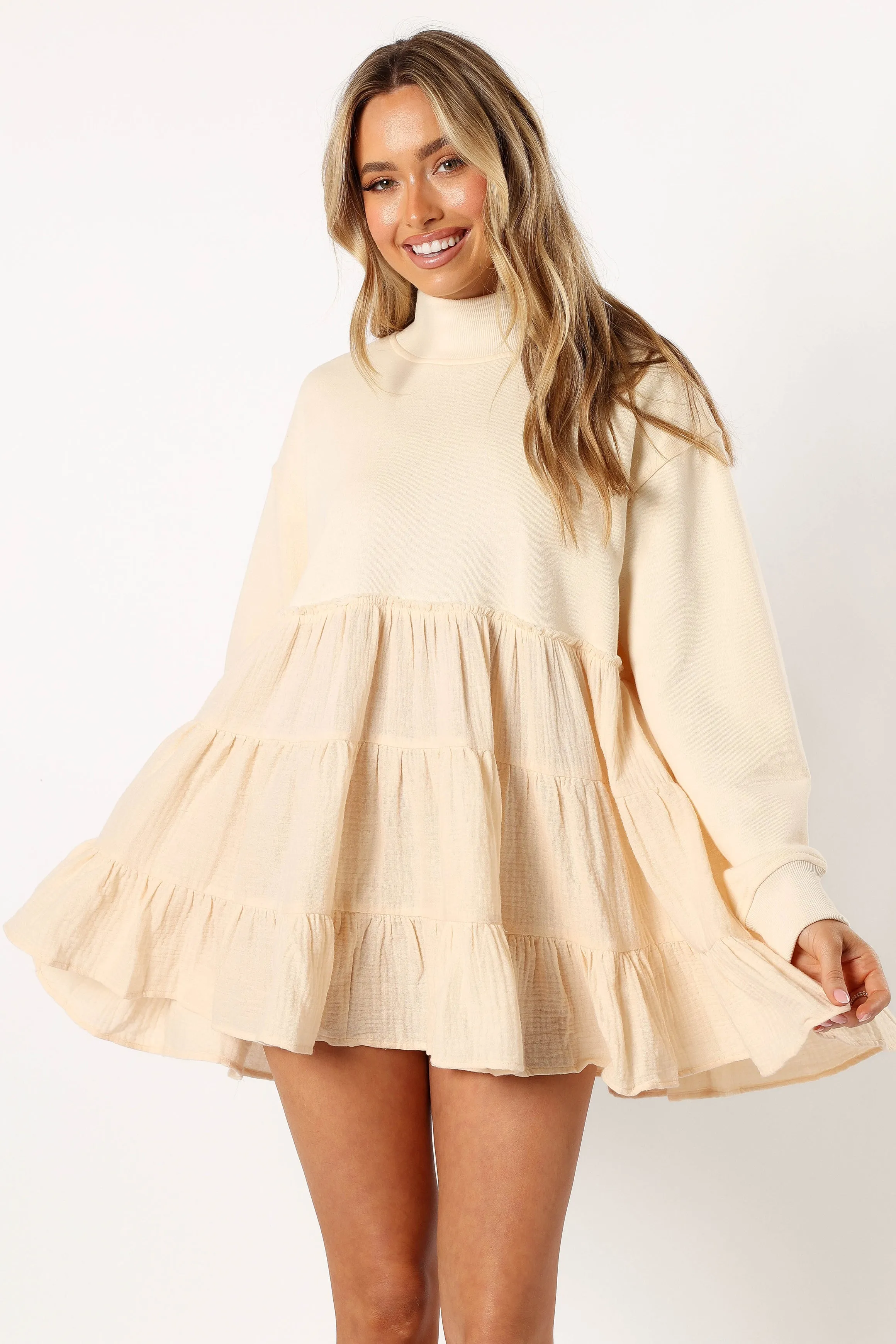 Minia Long Sleeve Mini Dress - Cream sold by Petal & Pup