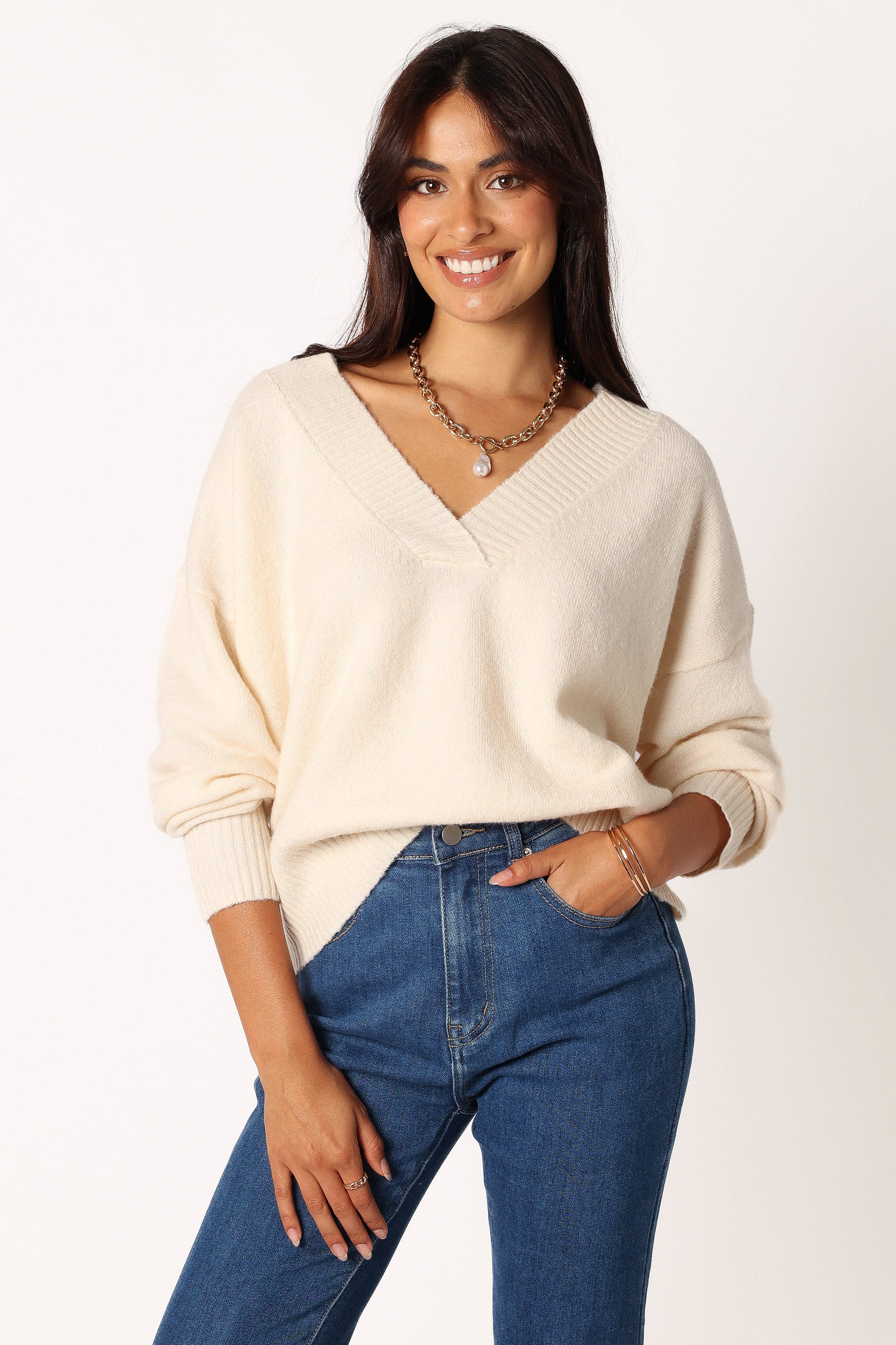 Palmer Vneck Knit Sweater - Cream sold by Petal & Pup