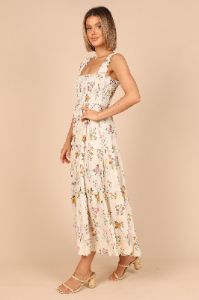 August Shirred Maxi Dress - Beige Floral sold by Petal & Pup