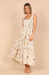 August Shirred Maxi Dress - Beige Floral sold by Petal & Pup