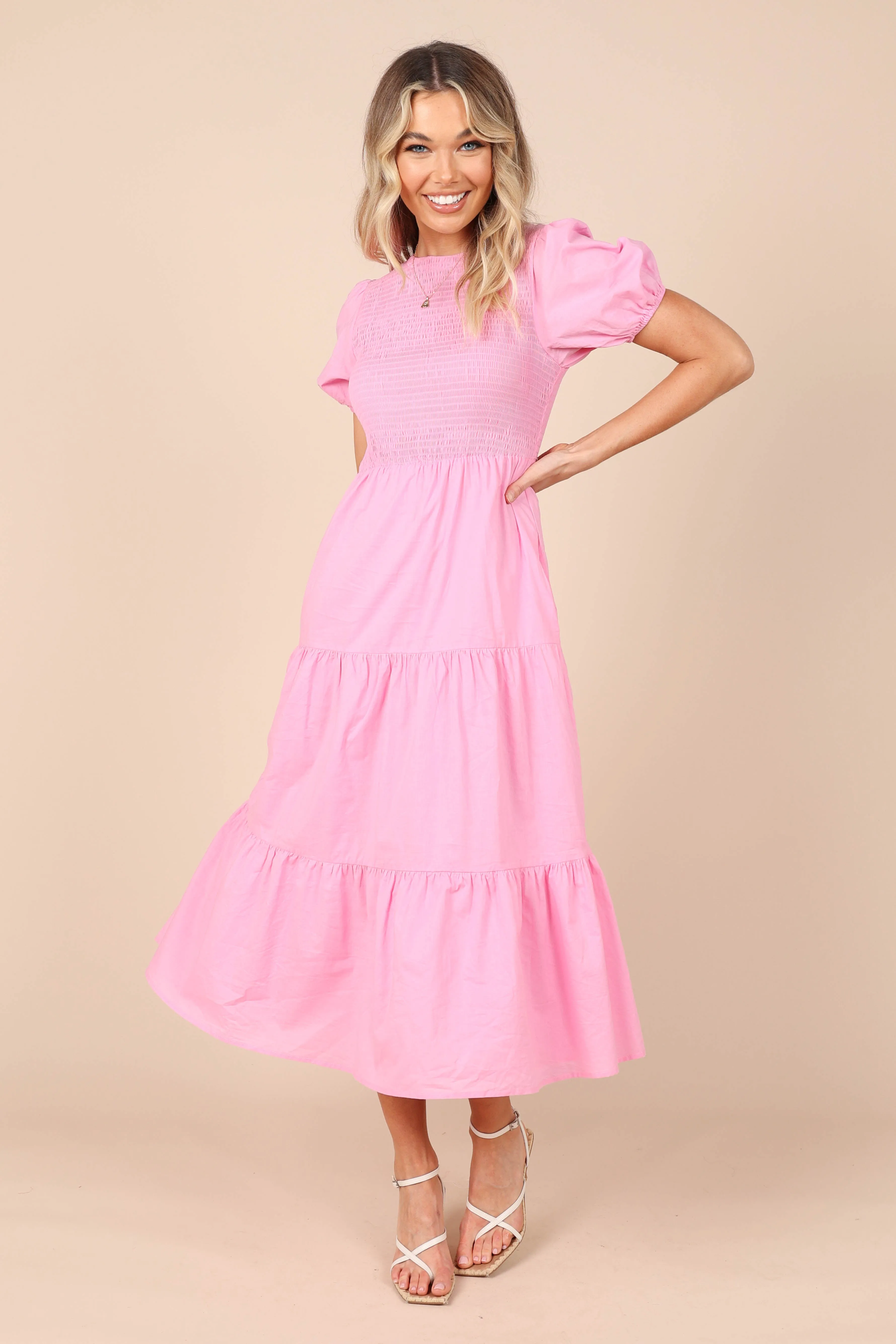 Naura Shirred Tiered Midi Dress - Pink sold by Petal & Pup