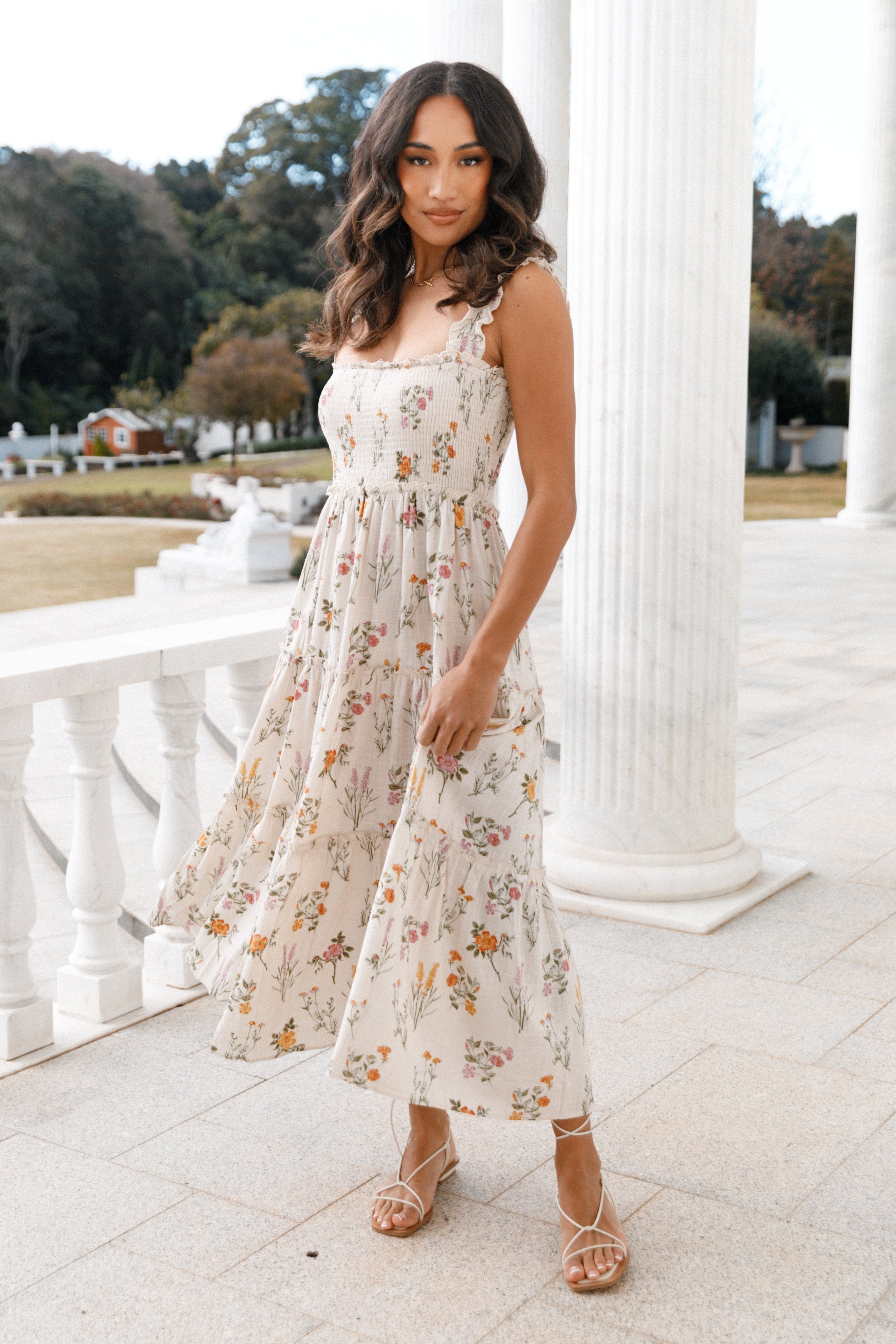 August Shirred Maxi Dress - Beige Floral sold by Petal & Pup