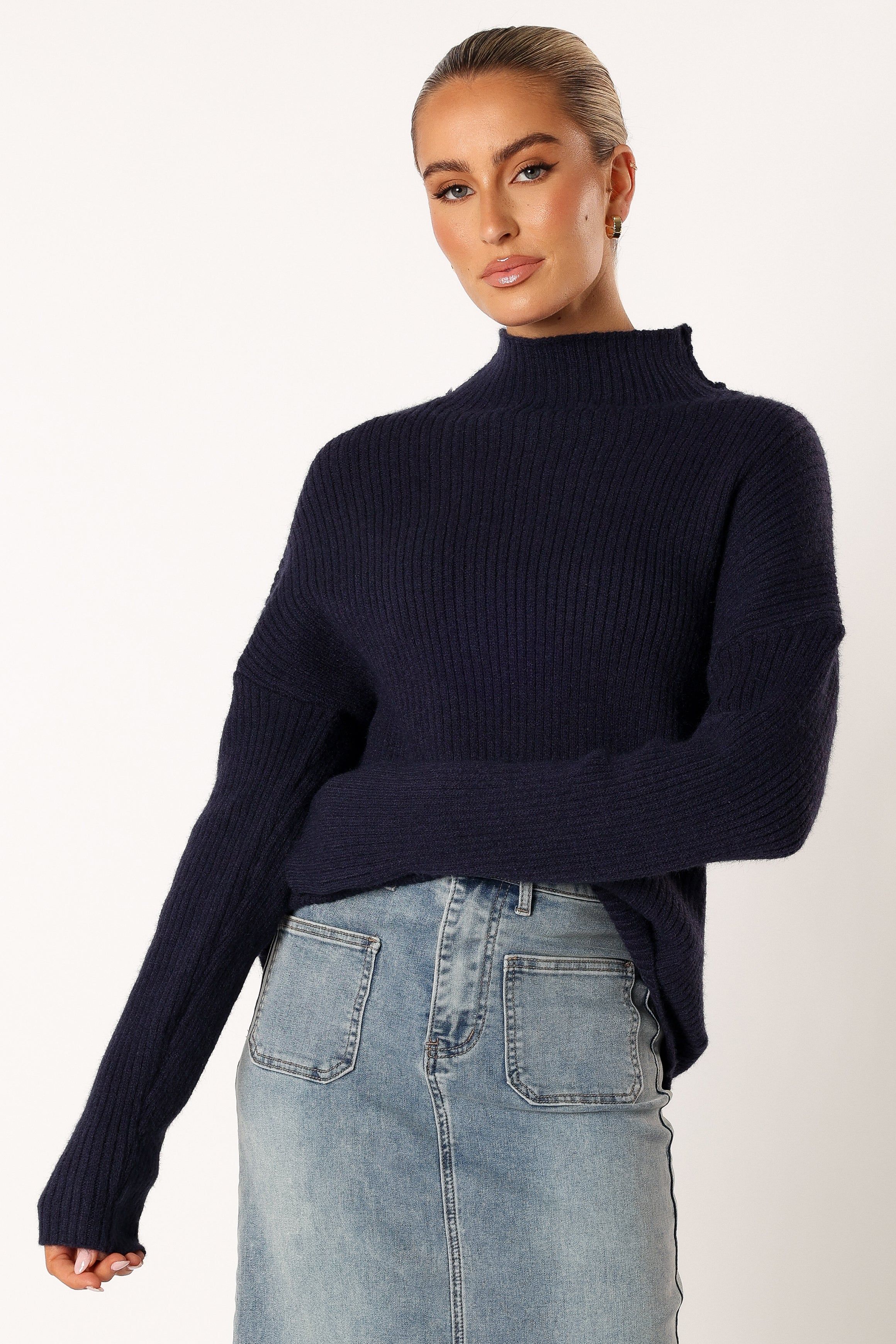 Kora Mock Neck Knit Sweater - Navy sold by Petal & Pup product image thumbnail 5