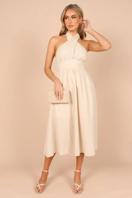 Cora Criss-Cross Neck Linen Maxi Dress - Oatmeal made by Petal & Pup