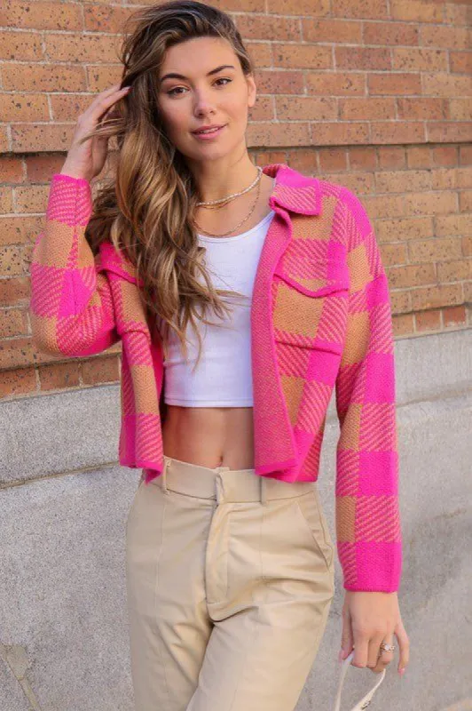 Checkerboard Double Pocket Knit Shacket - Magenta/Brown sold by Petal & Pup