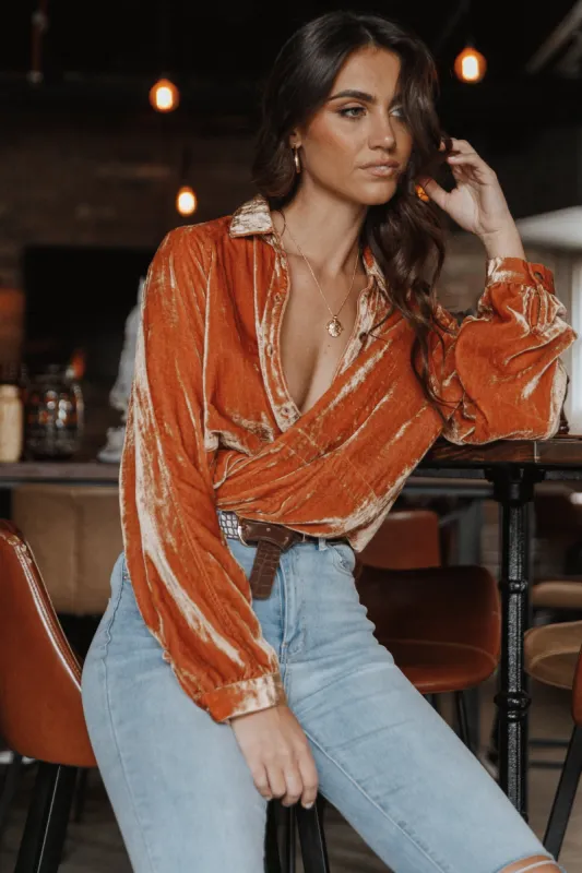 Chelsea Velvet Oversized Button Down Top - Amber sold by Petal & Pup