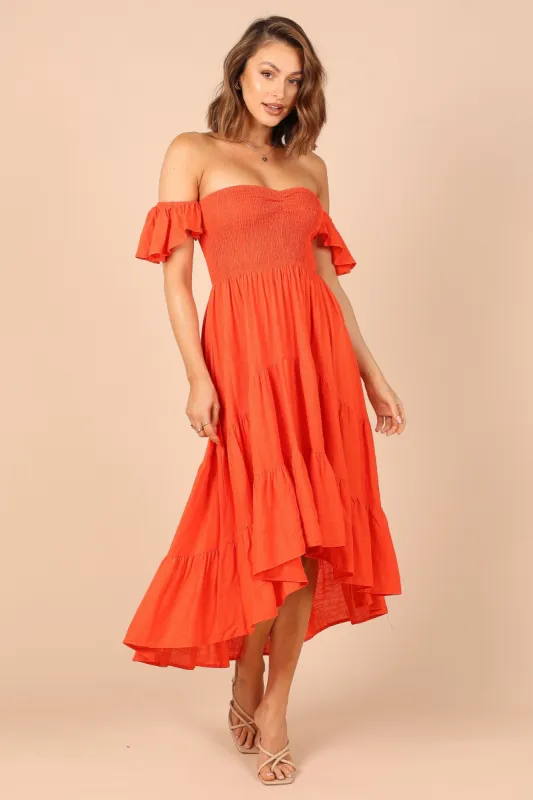 Feliz Off Shoulder Maxi Dress - Coral sold by Petal & Pup