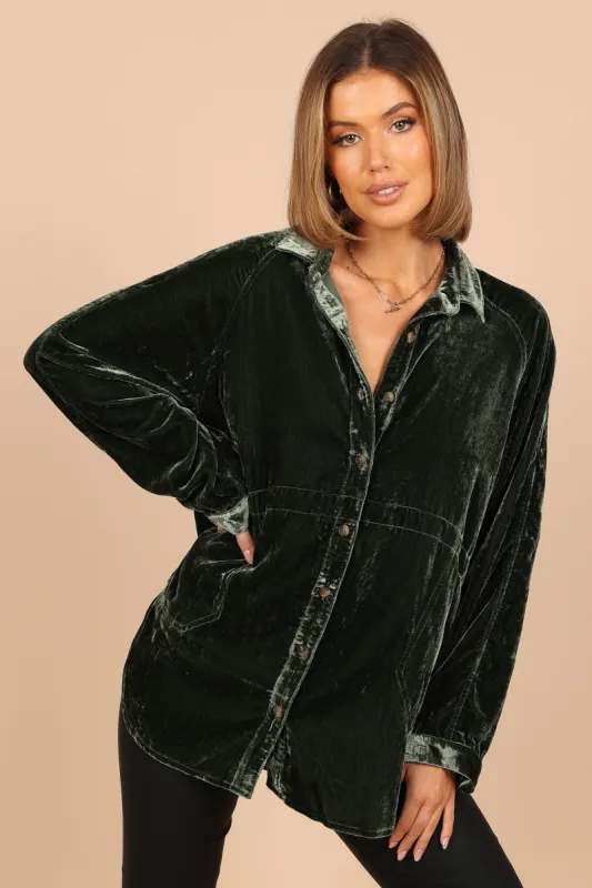 Chelsea Velvet Oversized Button Down Top - Olive sold by Petal & Pup