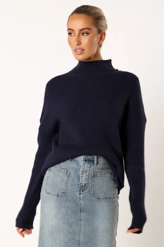 Kora Mock Neck Knit Sweater - Navy sold by Petal & Pup
