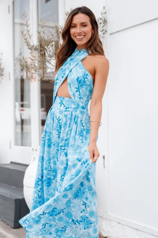 Clover Halterneck Midi Dress - Blue Floral sold by Petal & Pup
