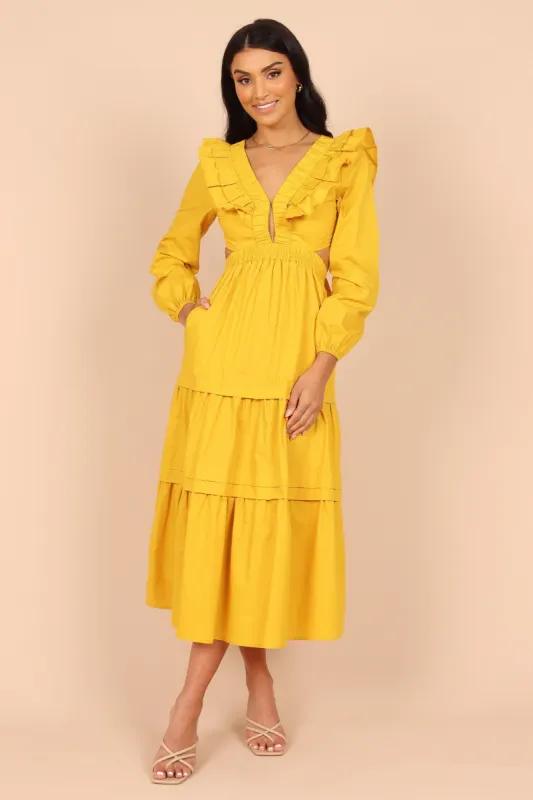 Mariga Long Sleeve Frill Shoulder Midi Dress - Marigold sold by Petal & Pup