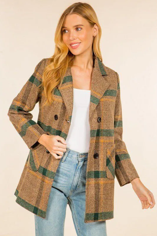 Plaid Textured Double Breasted Coat - Brown sold by Petal & Pup