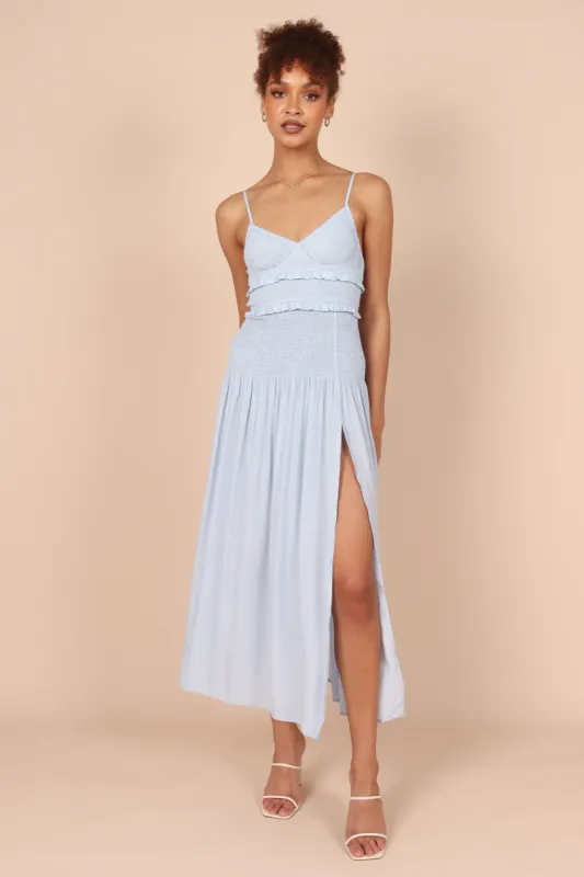 Bell Shirred Midi Dress - Blue sold by Petal & Pup