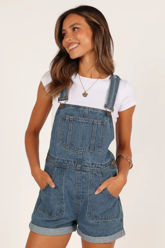 Kameron Denim Romper - Mid Blue Wash sold by Petal & Pup
