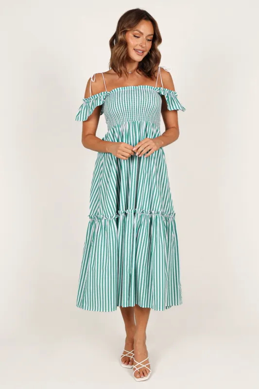 Yasminie Shirred Maxi Dress - Green Stripe sold by Petal & Pup