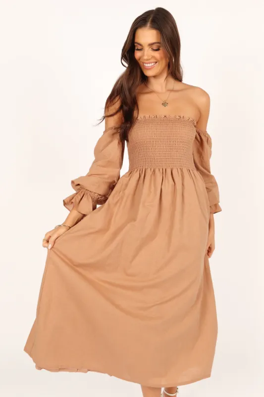 Domenica Shirred Long Sleeve Midi Dress - Tan sold by Petal & Pup