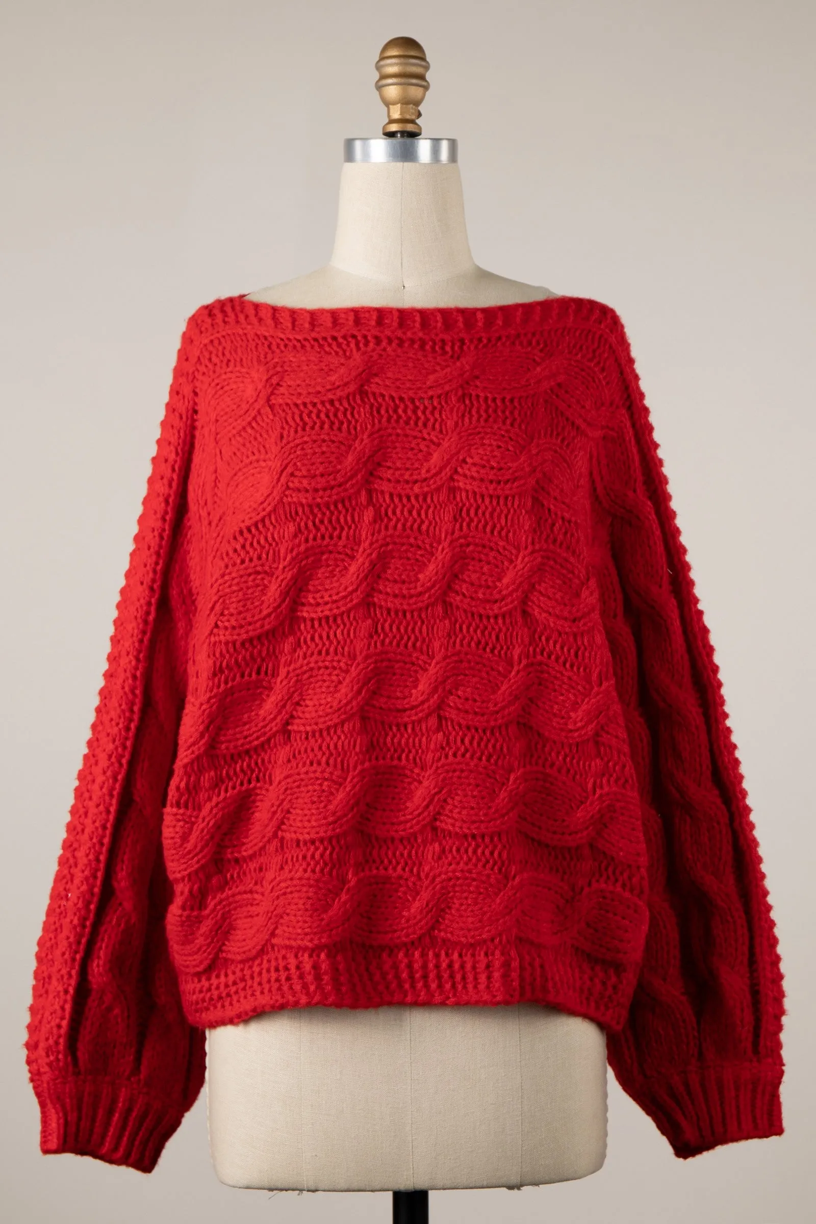 Willow Red Oversized Cable Knit Sweater sold by Boho Pink