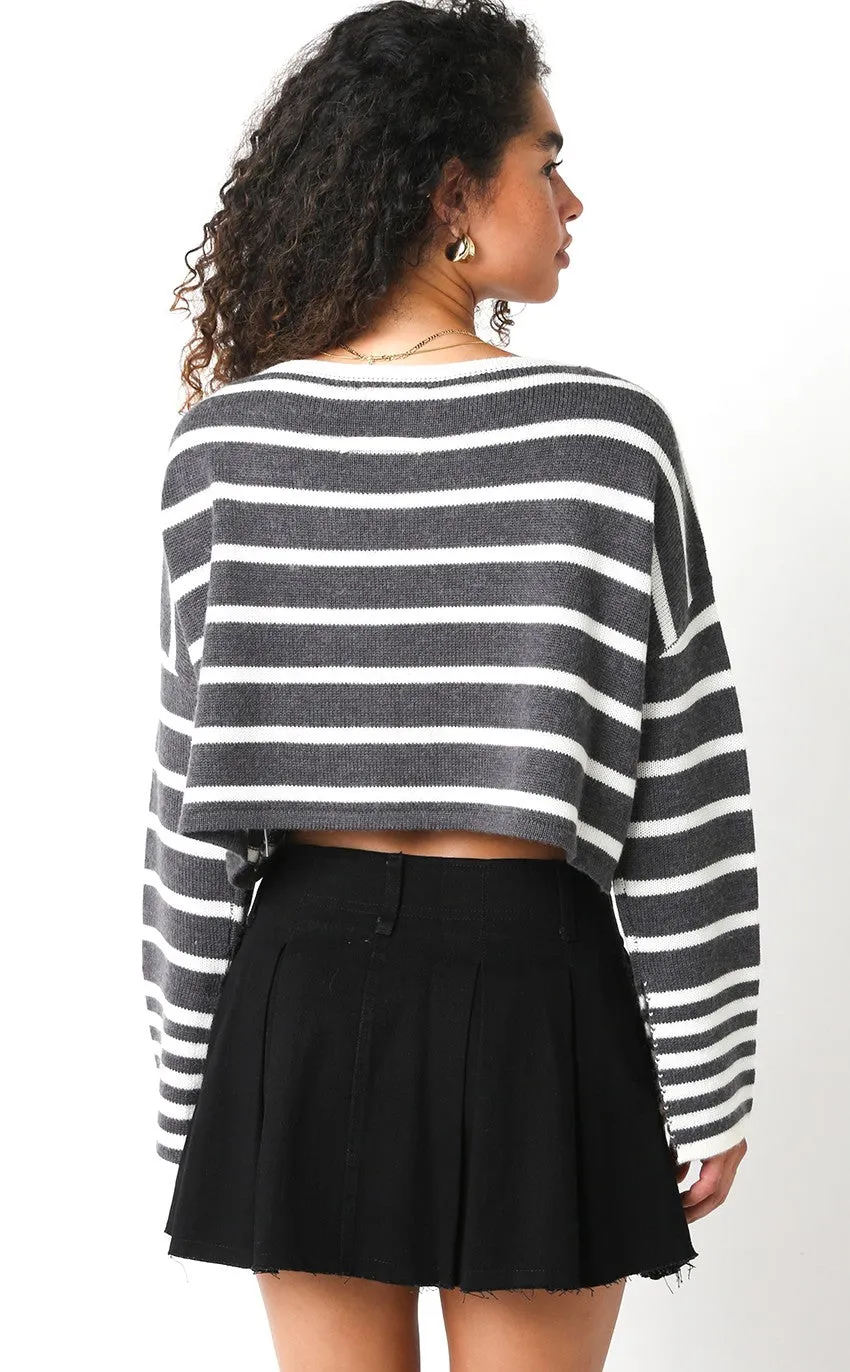 Carter Grey Striped Cropped Sweater sold by Boho Pink product image thumbnail 2