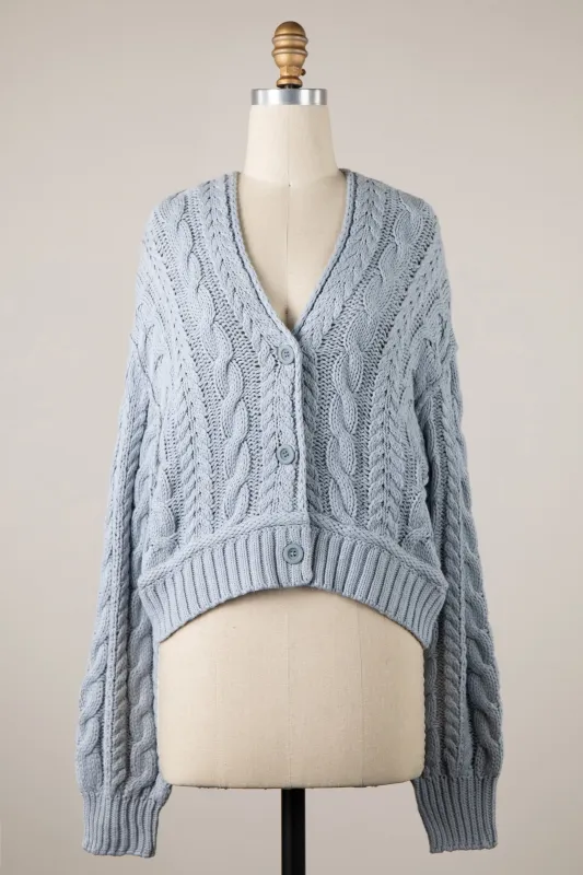 Chilton Dusty Blue Cable Knit Cardigan Sweater sold by Boho Pink