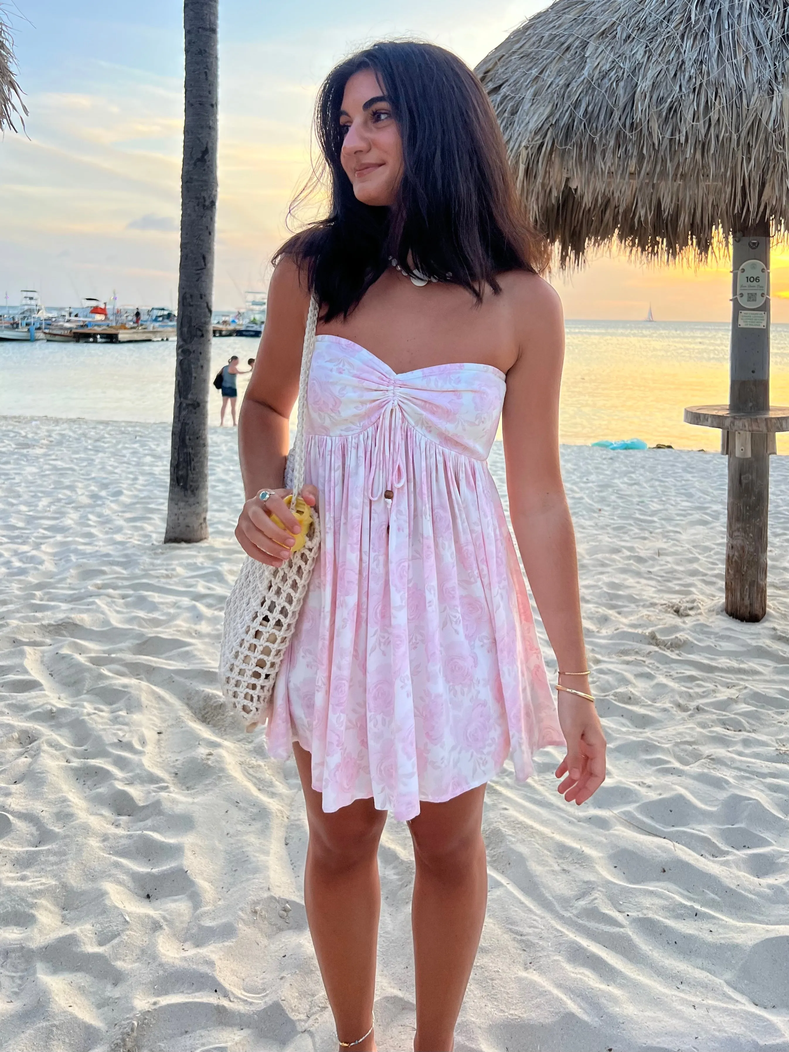 Lena Light Pink Floral Print Strapless Mini Dress sold by Boho Pink