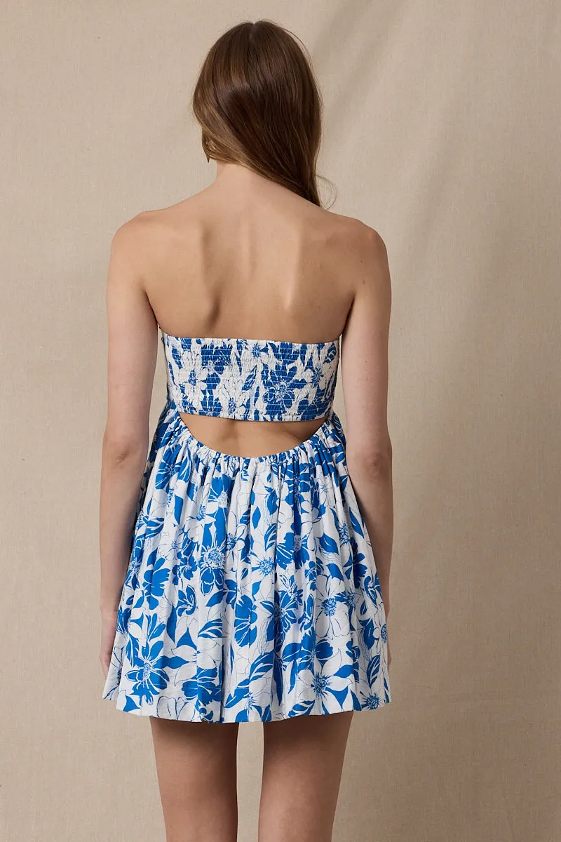 Mckenna Blue and White Floral Strapless Mini Dress sold by Boho Pink product image thumbnail 3