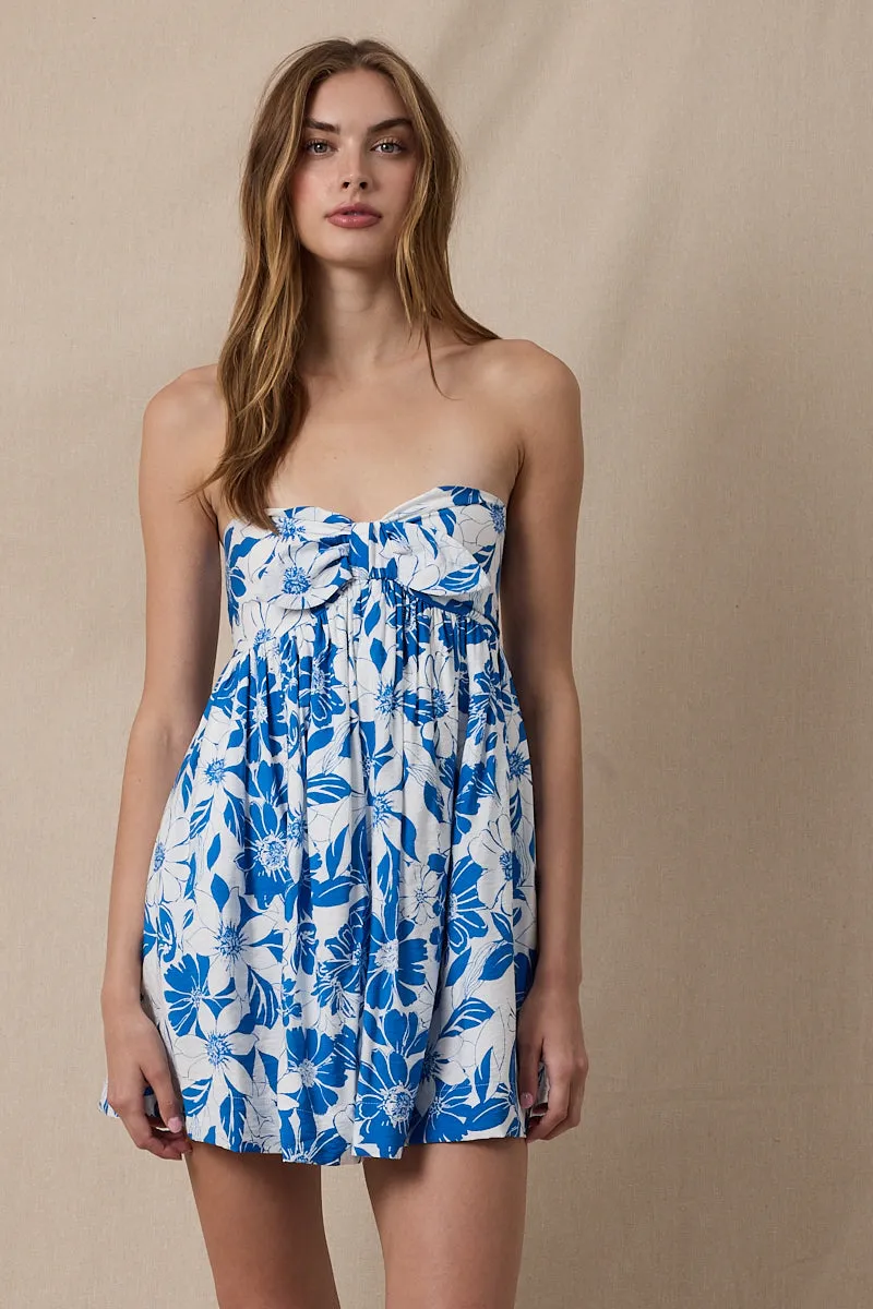 Mckenna Blue and White Floral Strapless Mini Dress sold by Boho Pink