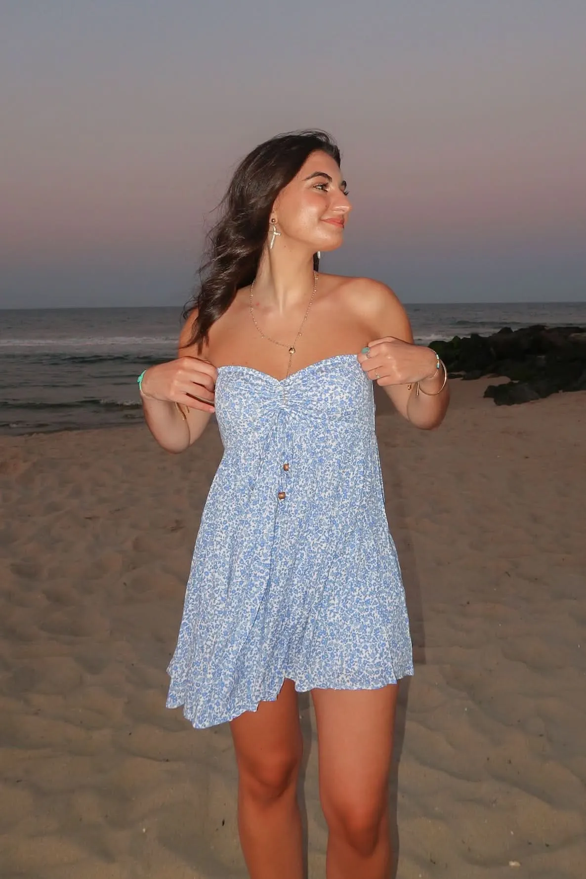 Lena Blue Floral Print Strapless Mini Dress sold by Boho Pink