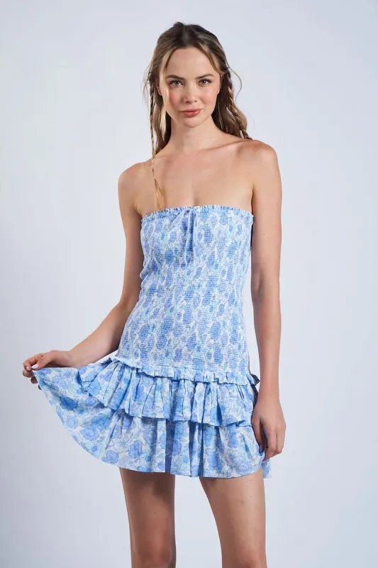 Sloane Blue Floral Drop Waist Tube Mini made by Sky to Moon 
