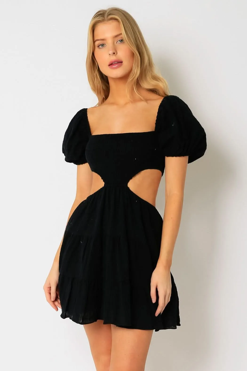 Lindsey Black Cutout Puff Sleeve Dress sold by Boho Pink