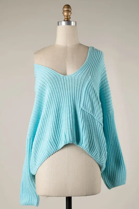 Brynn Aqua V-Neck Sweater sold by Boho Pink