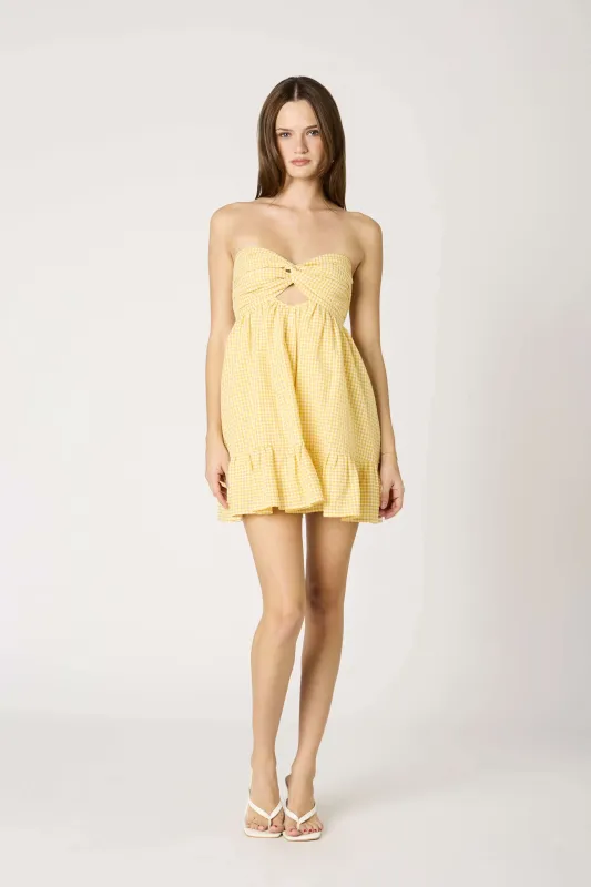 Argie Yellow Gingham Strapless Romper sold by Boho Pink