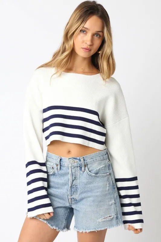 Scarlett White and Navy Striped Cropped Sweater sold by Boho Pink